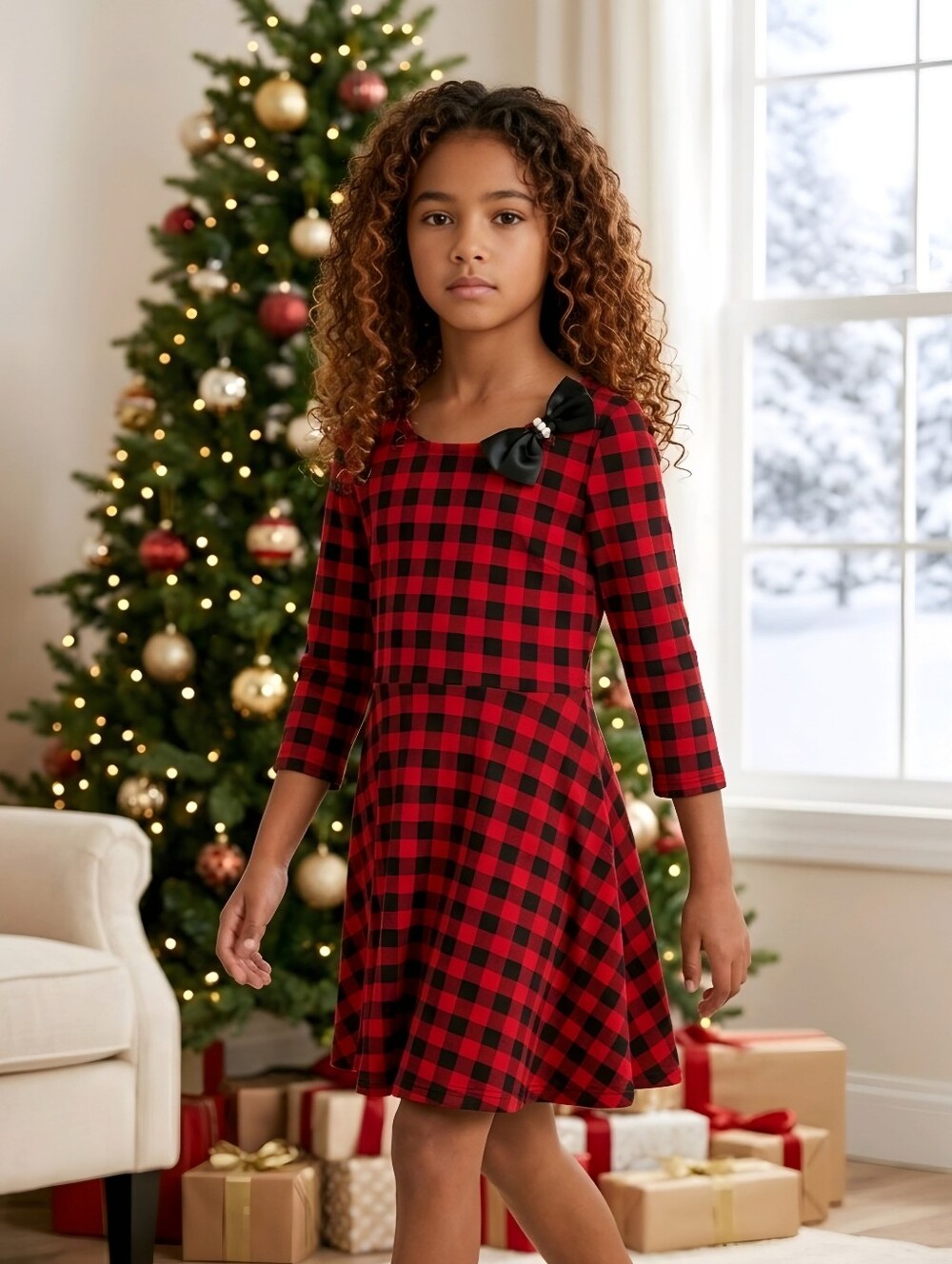 Fabkids Girls Red Black Plaid Holiday Dress Vegan Leather Bow Skater Sz XL EUC